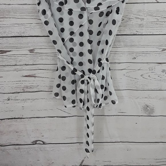 White w/Black Polka Dot Sheer Ruffled Top Blouse L - Picture 2 of 4